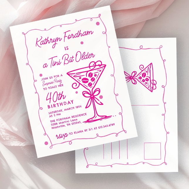 Invitation Carte Postale SURPRISE FÊTE 40e anniversaire Doodle rose Martini (Créateur téléchargé)