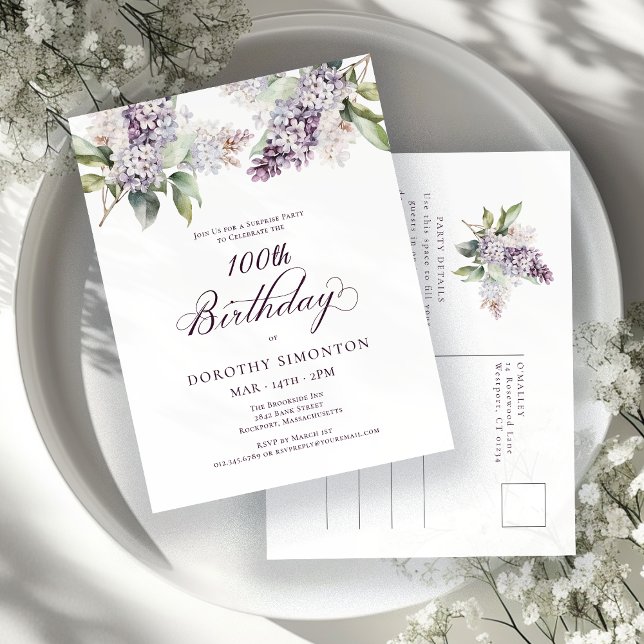Invitation Carte Postale SURPRISE PARTY 100e anniversaire Purple Lilac Flor (Créateur téléchargé)