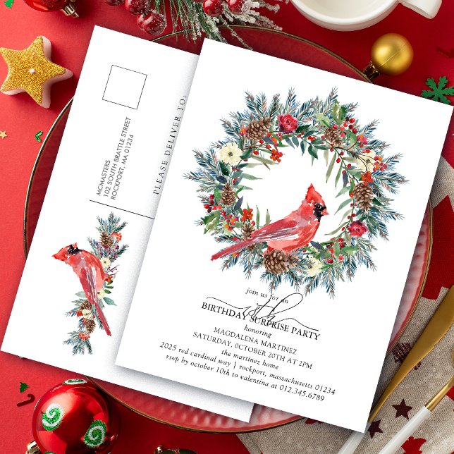 Invitation Carte Postale SURPRISE PARTY 18th Birthday Red Cardinal Wreath (Créateur téléchargé)