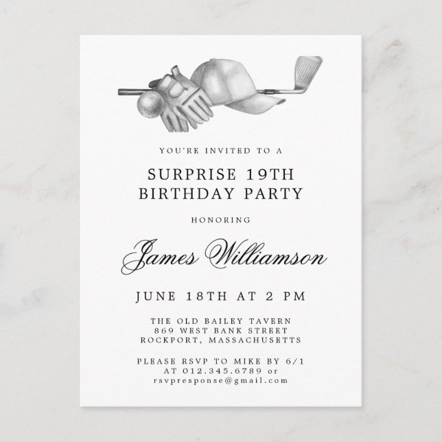Invitation Carte Postale SurPRISE Party 19e Anniversaire Golf Thème (Devant)