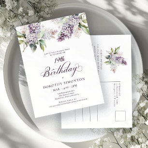 Invitation Carte Postale SURPRISE PARTY 19e anniversaire Purple Lilac Flora