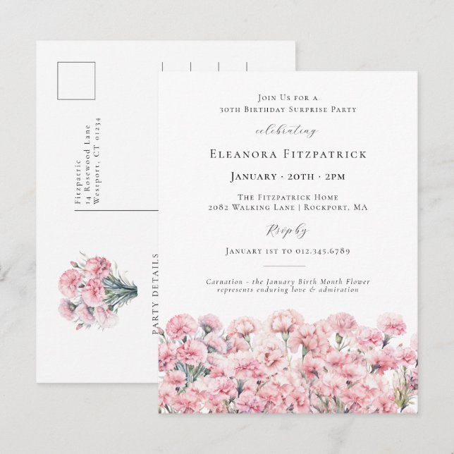 Invitation Carte Postale SURPRISE PARTY 30th Birthday January Birth Flower (Devant / Derrière)