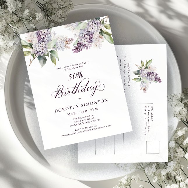 Invitation Carte Postale SURPRISE PARTY 50e anniversaire Purple Lilac Flora (Créateur téléchargé)