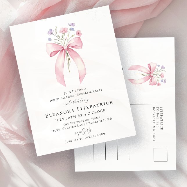 Invitation Carte Postale SURPRISE PARTY 90th Birthday Bow Fleur sauvage (Créateur téléchargé)