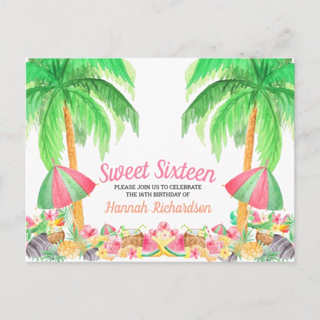 Invitation Carte Postale Sweet 16 Aquarelle Hawaiian thème anniversaire (Devant)