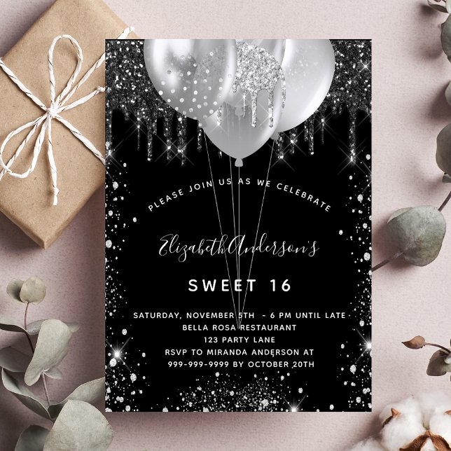 Invitation Carte Postale Sweet 16 ballons de parties scintillant en argent  (Créateur téléchargé)