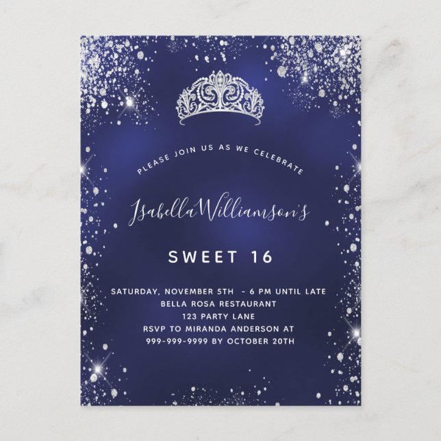 Invitation Carte Postale Sweet 16 bleu argent parties scintillant poussière (Devant)