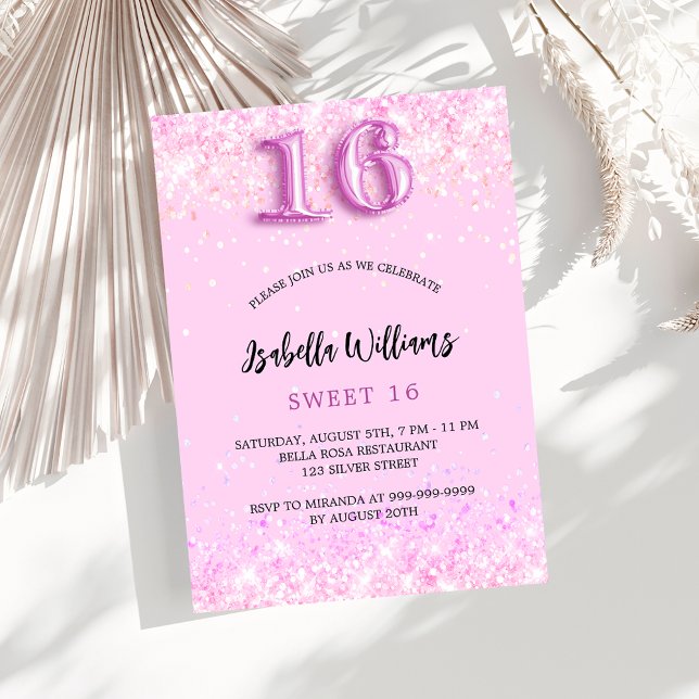 Invitation Carte Postale Sweet 16 confetti rose fête fille (Créateur téléchargé)