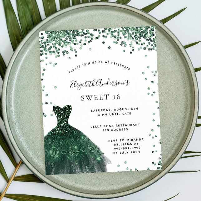 Invitation Carte Postale Sweet 16 couleur vert émeraude parties scintillant (Créateur téléchargé)