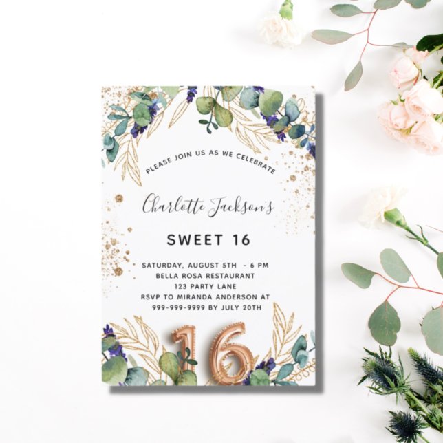 Invitation Carte Postale Sweet 16 eucalyptus parties scintillant verte élég (Créateur téléchargé)