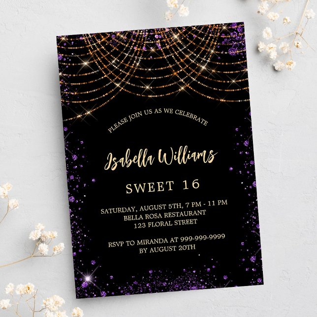 Invitation Carte Postale Sweet 16 noir violet parties scintillant or glamou (Créateur téléchargé)
