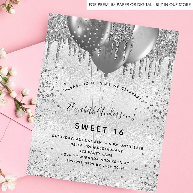 Invitation Carte Postale Sweet 16 parties scintillant argent anniversaire (Créateur téléchargé)
