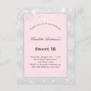 Invitation Carte Postale Sweet 16 parties scintillant argent rose pâle