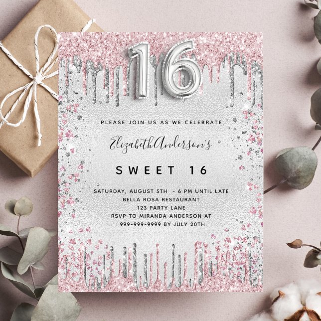 Invitation Carte Postale Sweet 16 parties scintillant rose argent gouttes i (Créateur téléchargé)