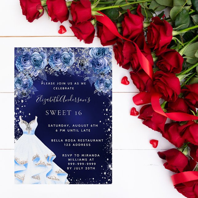 Invitation Carte Postale Sweet 16 robe bleu marine parties scintillant fête (Créateur téléchargé)