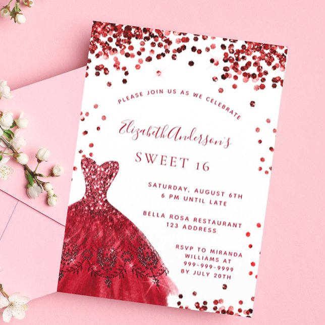 Invitation Carte Postale Sweet 16 rouge blanc robe glamour (Créateur téléchargé)