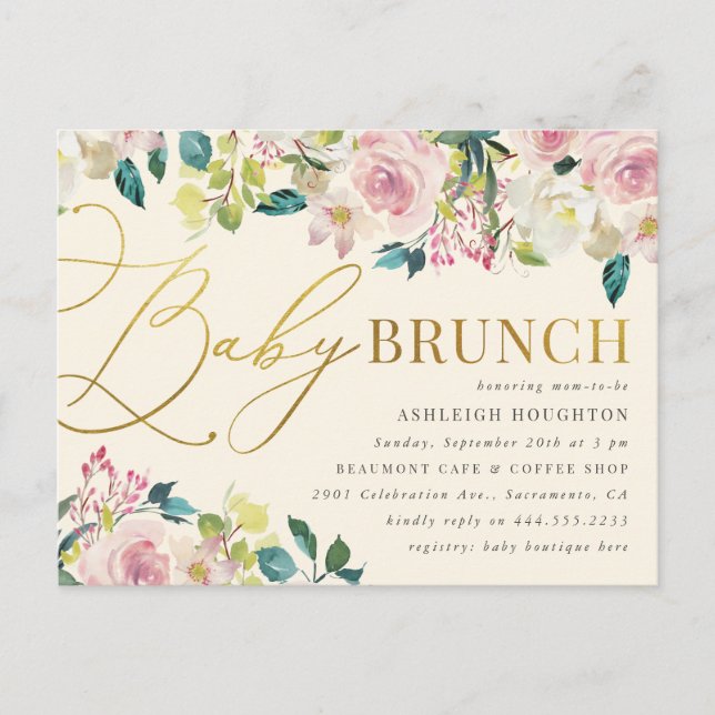 Invitation Carte Postale Sweet Floral Gold Script Bébé Brunch (Devant)