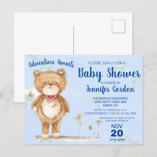 Invitation Carte Postale Sweet Woodland Bear Blue Boy Baby shower