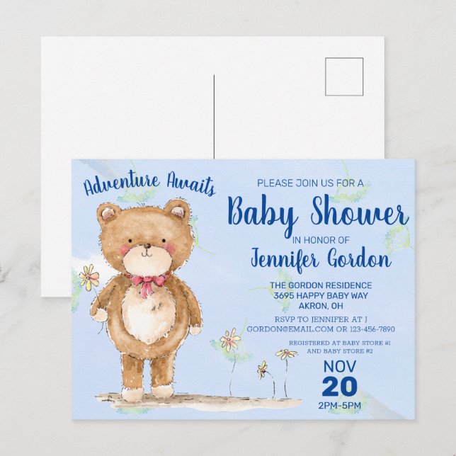 Invitation Carte Postale Sweet Woodland Bear Blue Boy Baby shower (Devant / Derrière)
