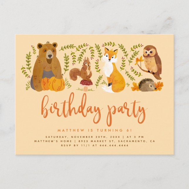 Invitation Carte Postale Sweet Woodland Forest Animaux Citrouilles Annivers (Devant)