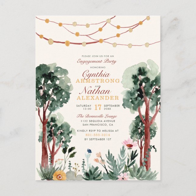 Invitation Carte Postale Sympa Green Botanical Trees Parti d'engagement uni (Devant)