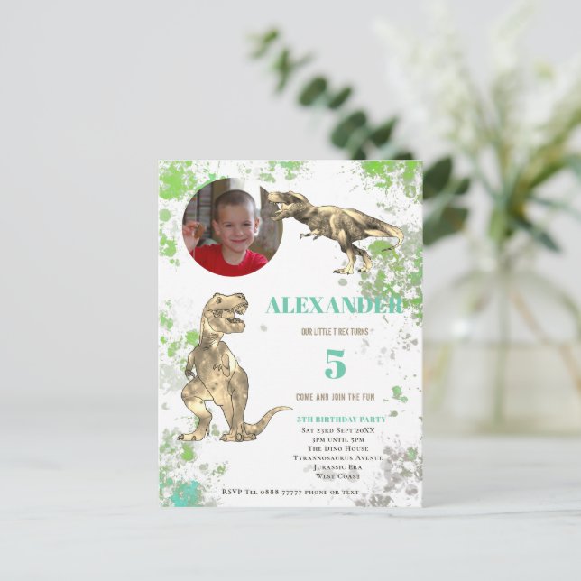 Invitation Carte Postale T rex 5e anniversaire fête Tyrannosaurus Photo (Debout devant)