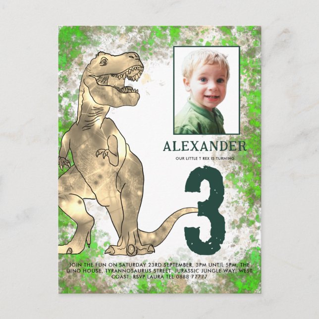 Invitation Carte Postale T Rex Dino Jungle 3ème anniversaire de fête Photo (Devant)