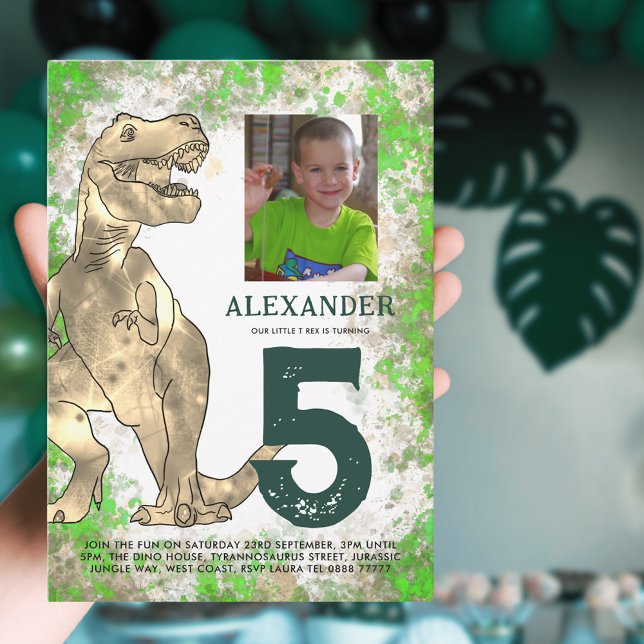 Invitation Carte Postale T-Rex Dinosaur 5e fête d'anniversaire (T-Rex dinosaur 5th birthday party with photo template watercolor Jurassic jungle)