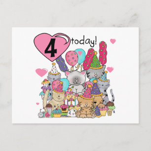 Invitation Carte Postale T-shirts et cadeaux fête Kittens 4e anniversaire