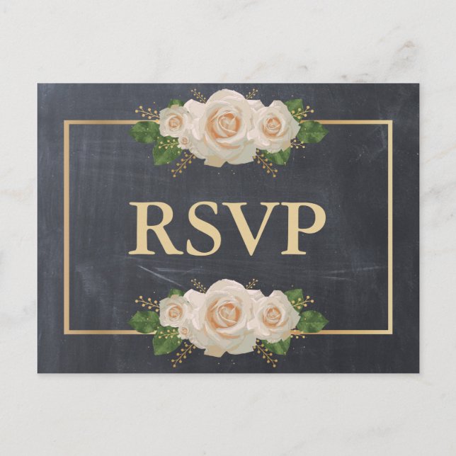 Invitation Carte Postale Tableau Noir Rose Blanche Cadre Doré RSVP Repas (Devant)