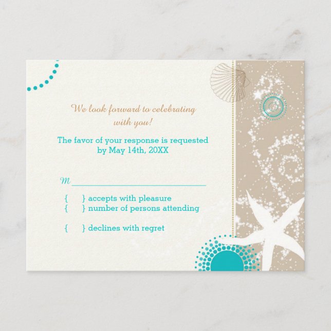 Invitation Carte Postale Taupe Aqua Beach Mariage Célébration RSVP (Devant)