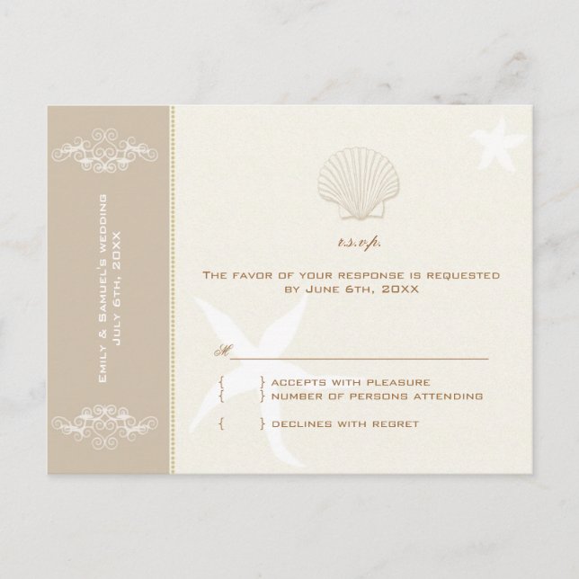 Invitation Carte Postale Taupe Ivory Destination Plage Mariage RSVP (Devant)
