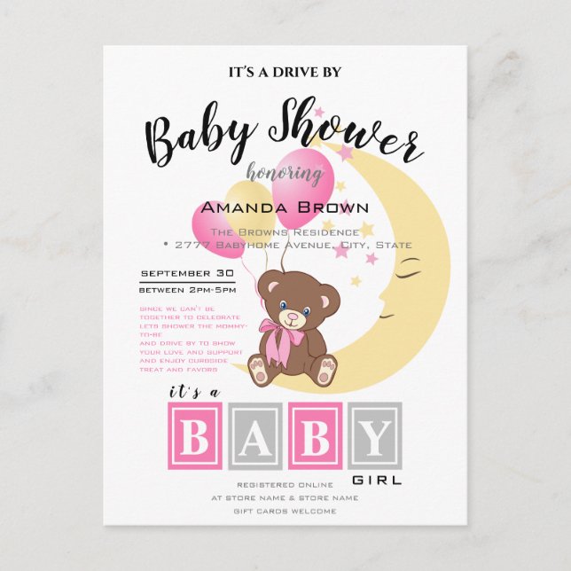 Invitation Carte Postale Teddy Bear assis sur la Lune | Baby Girl Shower (Devant)