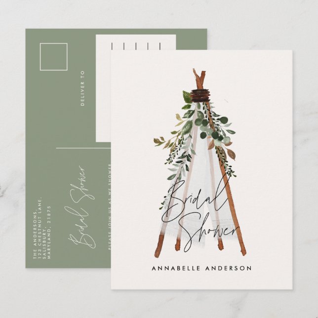 Invitation Carte Postale Teepee feuillage moderne jardin bohème élégant (Devant / Derrière)