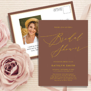 Invitation Carte Postale Terracotta Élégant Script Fête des mariées moderne