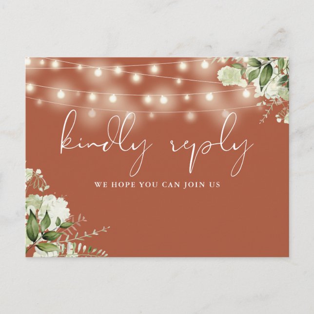 Invitation Carte Postale Terracotta Floral String Lights Song Request RSVP (Devant)