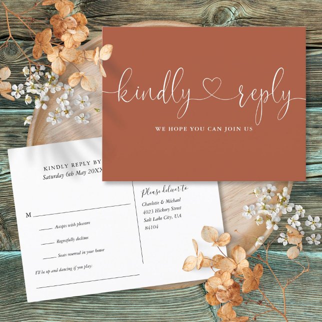 Invitation Carte Postale Terracotta Heart Script Chanson Demande RSVP (Terracotta Heart Script Song Request RSVP Invitation Postcard)