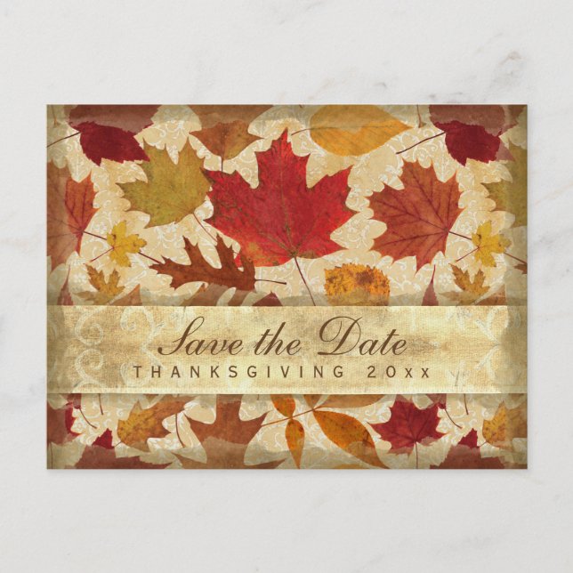 Invitation Carte Postale Thanksgiving Sauvez la date L'automne laisse beige (Devant)