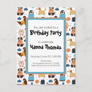 Invitation Carte Postale Thème d'anniversaire du chien de caricature mignon