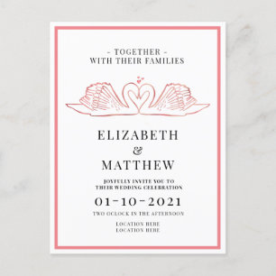Invitation Carte Postale Thème or rose avec Mariage Swans
