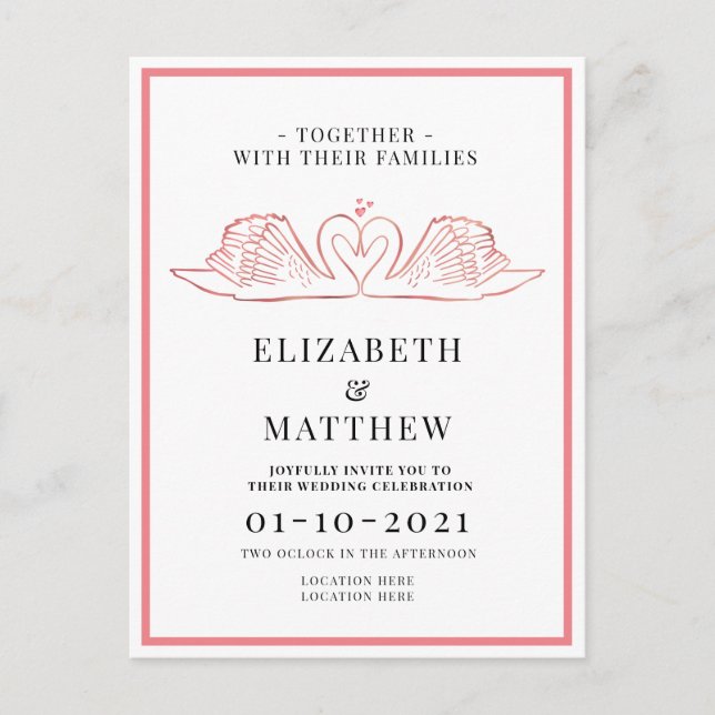 Invitation Carte Postale Thème or rose avec Mariage Swans (Devant)