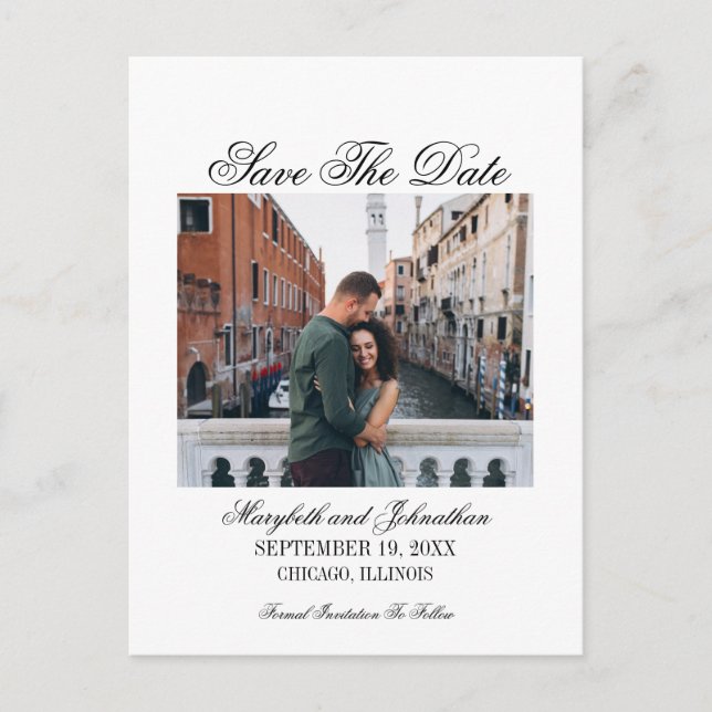 Invitation Carte Postale Toile & Calligraphie Enregistrer La Date Photo Car (Devant)