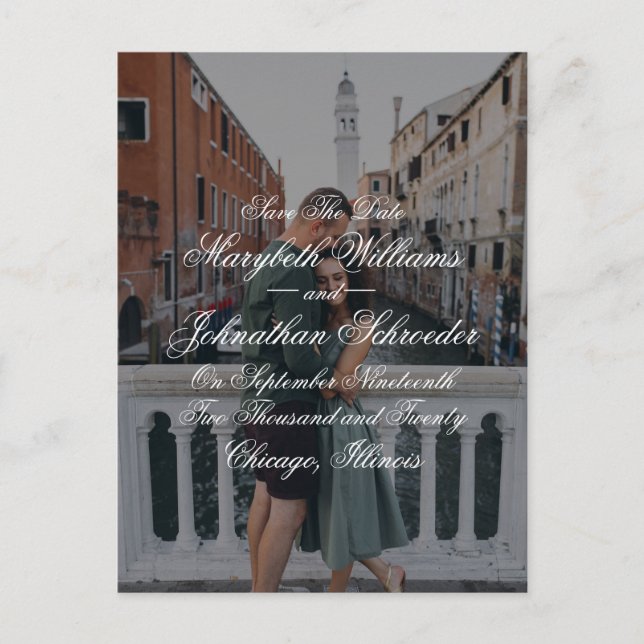 Invitation Carte Postale Toile & Calligraphie Enregistrer La Date Photo Car (Devant)