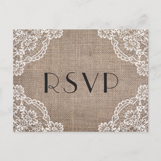 Invitation Carte Postale Toile de jute rustique avec coins en dentelle | Ch (Devant)