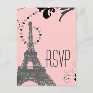 Invitation Carte Postale tour eiffel rose vintage paris mariage rsvp
