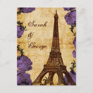 Invitation Carte Postale tour eiffel vintage violet Paris mariage rsvp