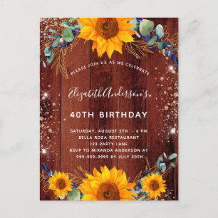 Invitation Carte Postale Tournesol d'anniversaire eucalyptus bois brun rust