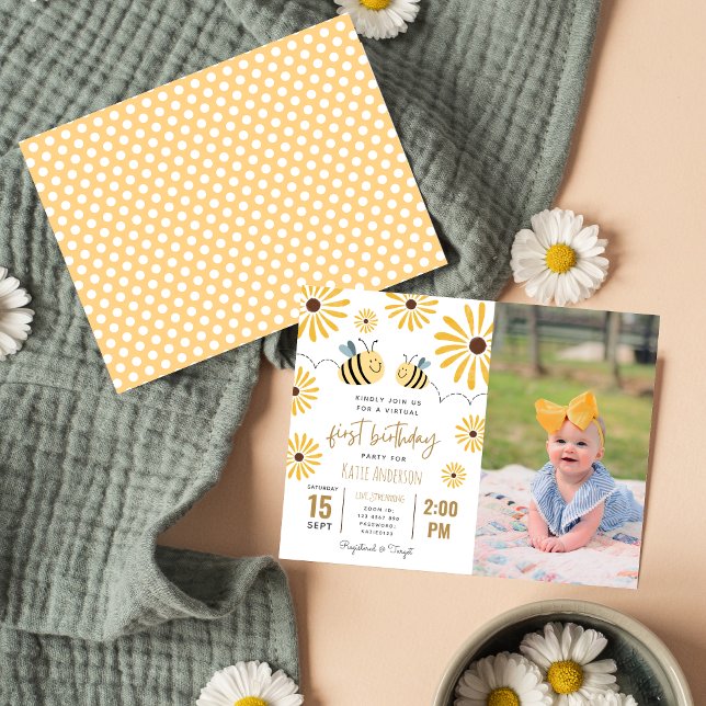 Invitation Carte Postale Tournesol de l'abeille jaune Virtuel Premier anniv (Créateur téléchargé)