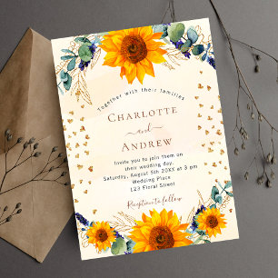 Invitation Carte Postale Tournesol eucalyptus verdure coeur or mariage