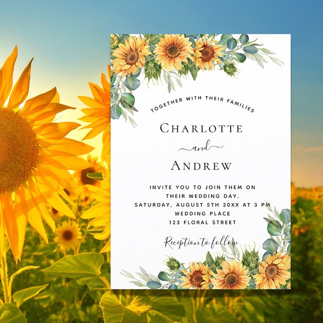 Invitation Carte Postale tournesol mariage eucalyptus boho élégant (Créateur téléchargé)